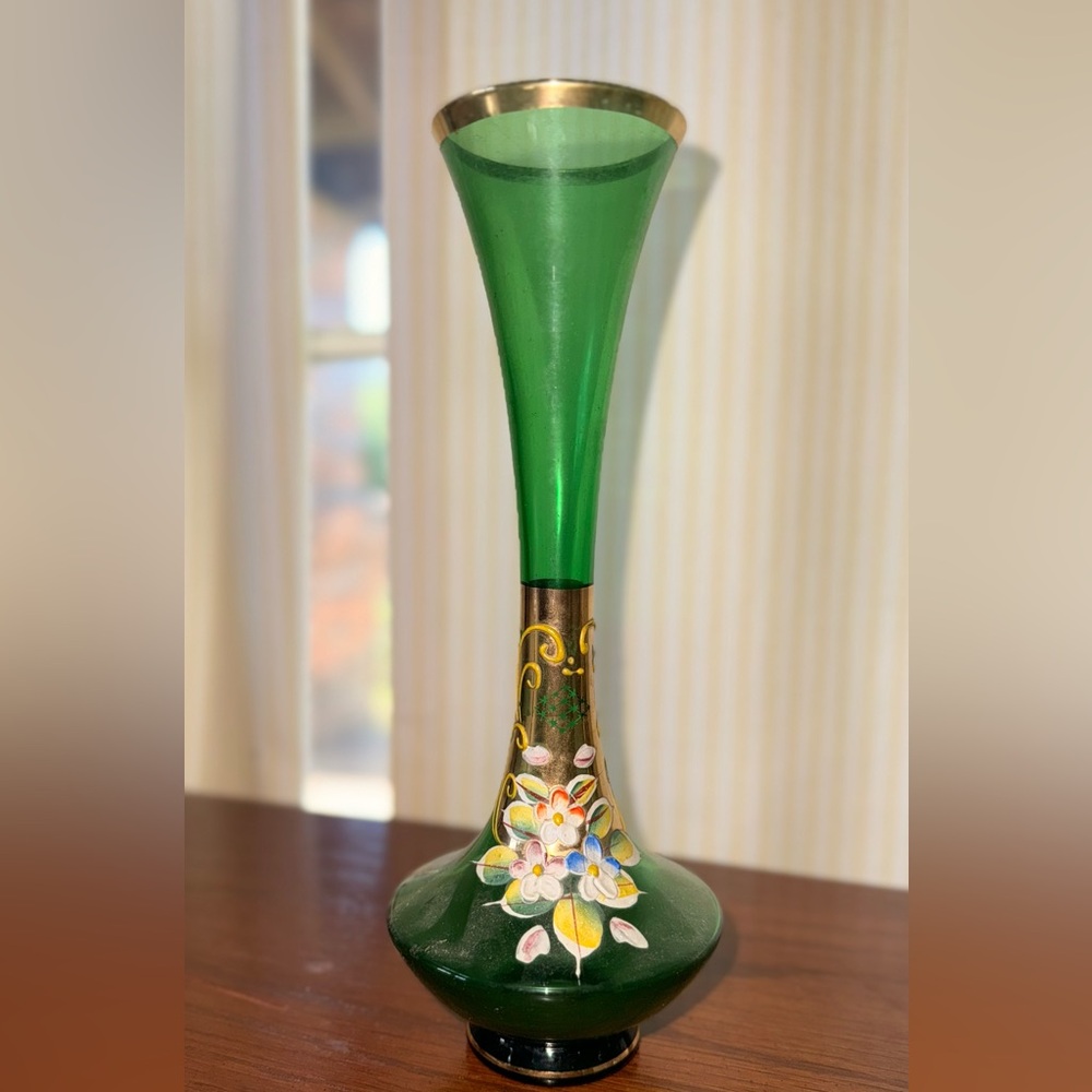 Vintage 1950’s 22k Gold Rim Hand Painted Czech Vase